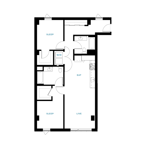 Floor plan for 2 beds, 2 baths, 1108 sqft